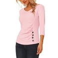 thumbnail image 4 of Blusa arrugada para mujer INSPIRE CHIC con decoración de botones, cuello en V, manga 3/4, top de punto sólido 2XL color rosa claro, 4 of 6