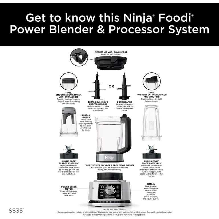 Restored Ninja CO351B SS351 Foodi Power Pitcher System 4in1 Single Serve  Blender 72 oz, 1400WP (Refurbished) 