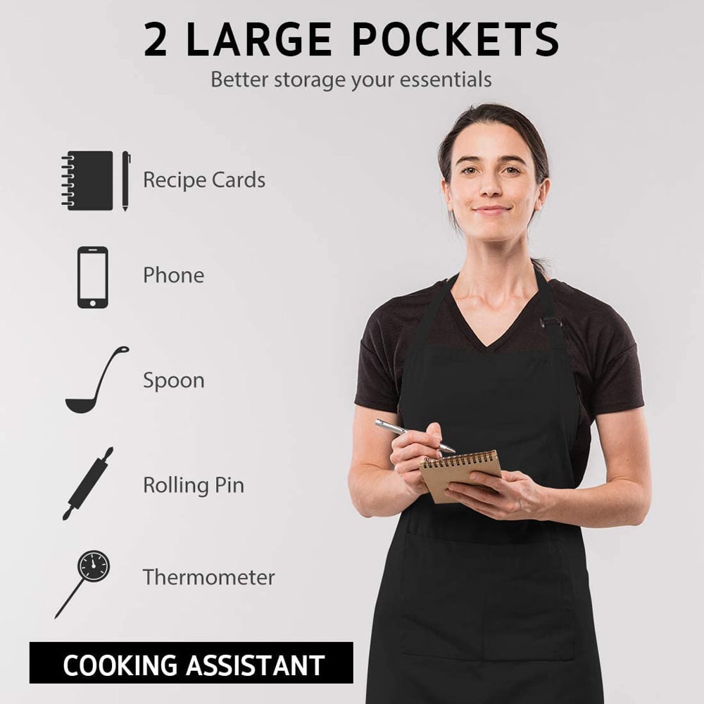 Kitchen Apron with Pockets for Men Women, Oil Stain Resistant, Black, Pack of 10Pcs