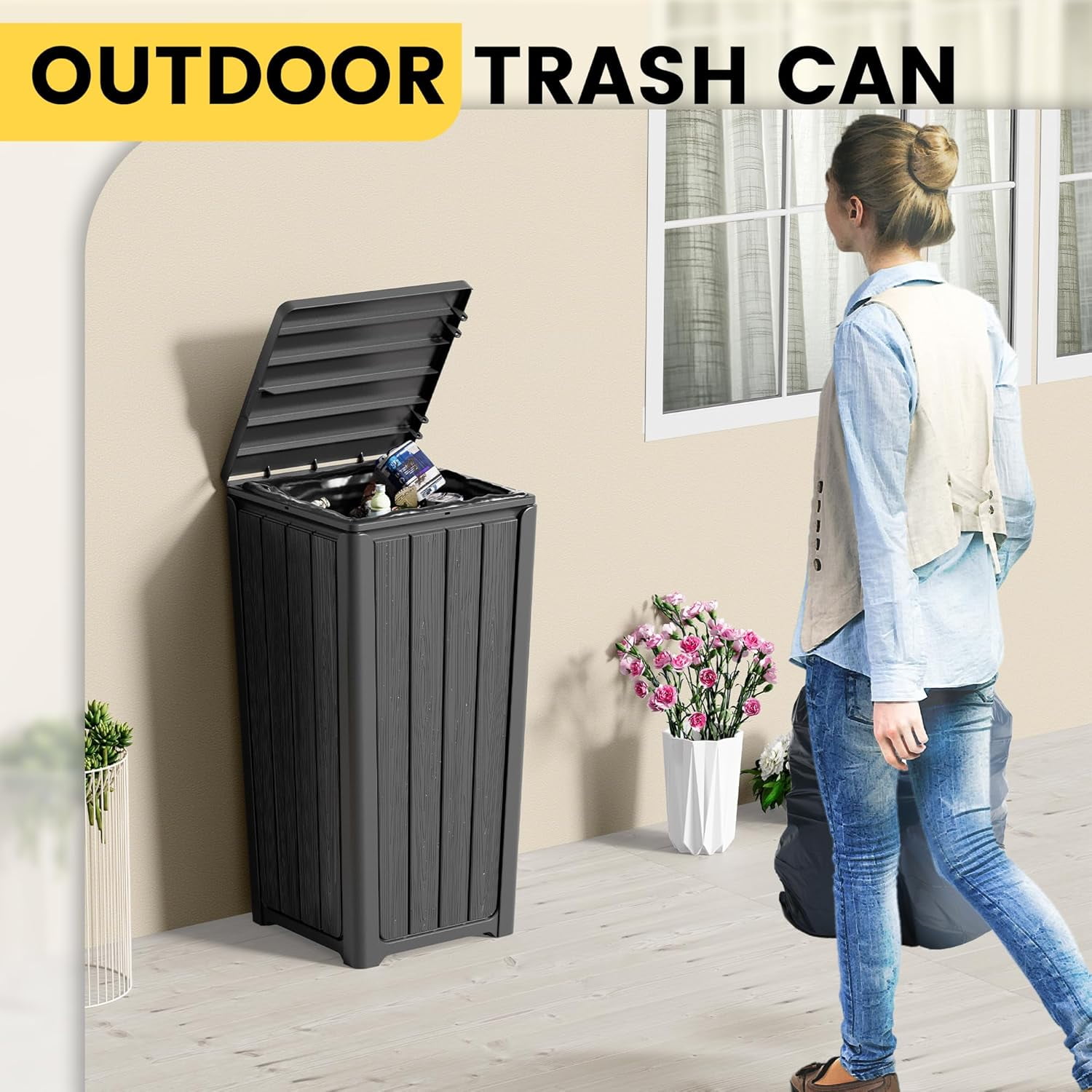 23 Gal Outdoor Resin Trash Can with Tiered Lid – Waterproof Garbage Bin for Patio, Kitchen & Backyard – 15.2×15.2×30.7 in, Easy Install