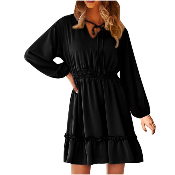Vestido de mujer de color sólido sexy con mangas abullonadas y escote en V para primavera y otoño Fridja NMB4462