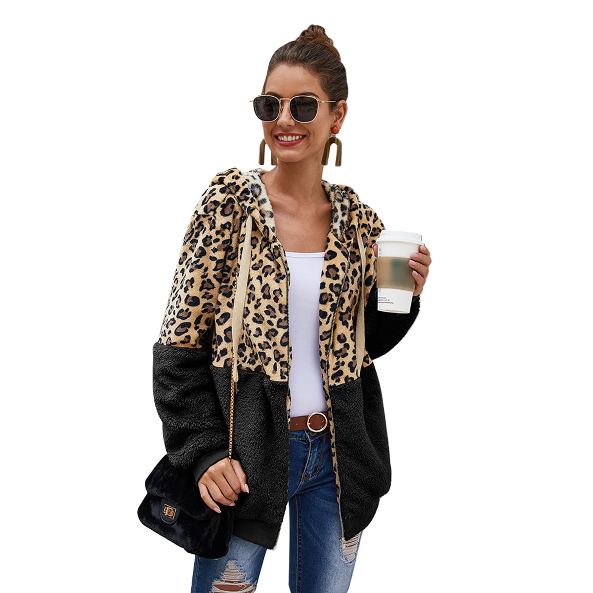 SweatyRocks Womens Leopard Print Zip Up Drawstring Fleece Hooded Teddy Jacket Coat