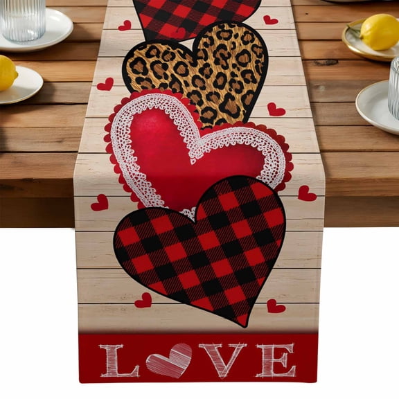 Valentine's Day Table Runner, Love Red Heart Leopard Print Wood Stripes Washable Kitchen Table Runners Dress Scarves for Dining Table Decorations Party, 18x72in