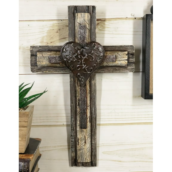 Rustic Western Tooled Metal Heart Faux Wooden Layered Wall Cross Decor Plaque
