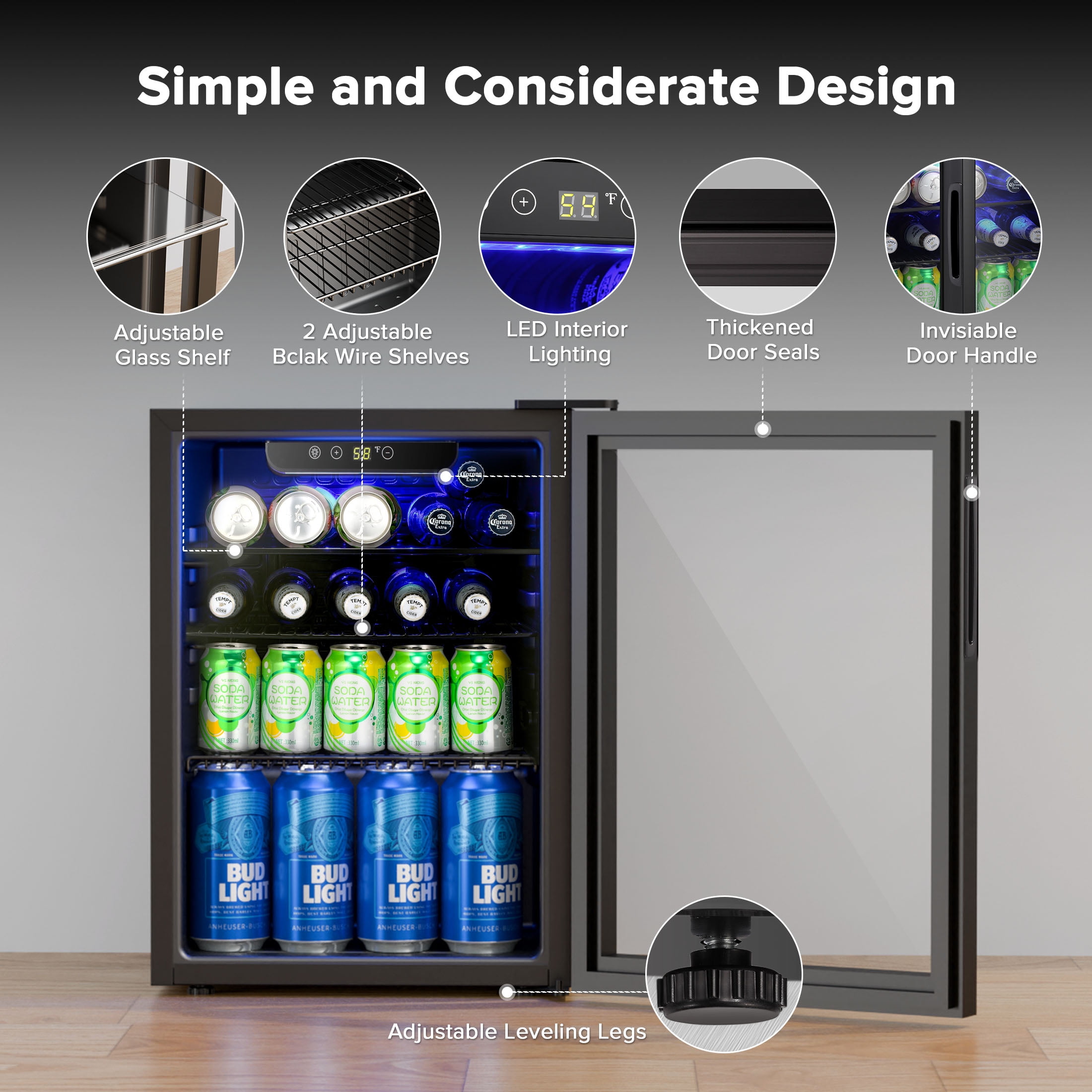 Electactic 2.6 Cu.ft Beverage Refrigerator Cooler, 100 Can Mini Fridge with Glass Door for Soda Beer or Wine, With Adjustable Removable Shelves, Bar/Office/Home