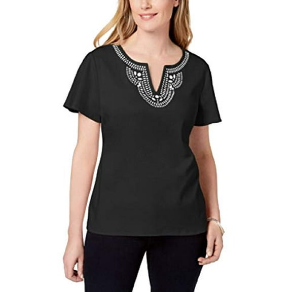 Karen Scott Cotton Embellished Top (Deep Black, S)