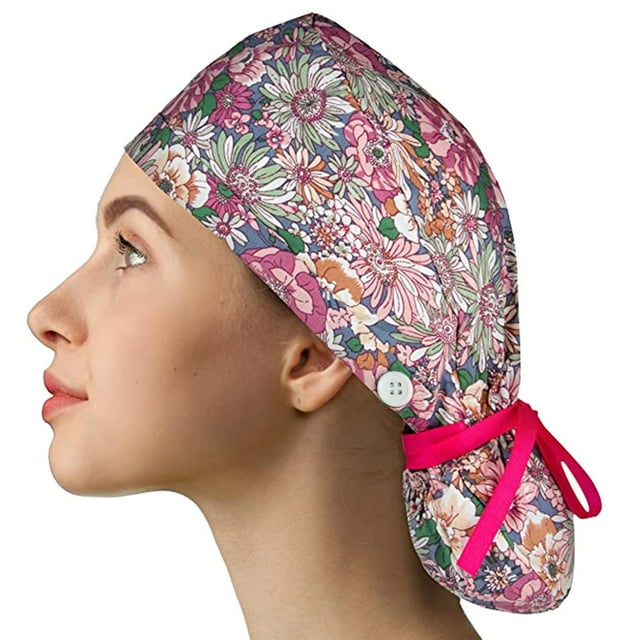 Scrub Cap With Buttons Bouffant Hat With Sweatband For Womens And Mens