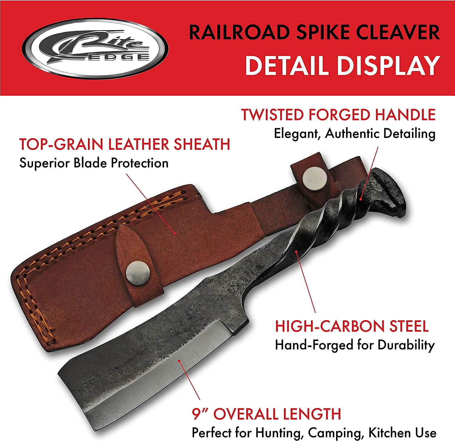 SZCO 9-Inch Hand-Forged Industrial Style Fixed Blade Twisted Carbon Steel Handle with Straight Edge and Leather Sheath