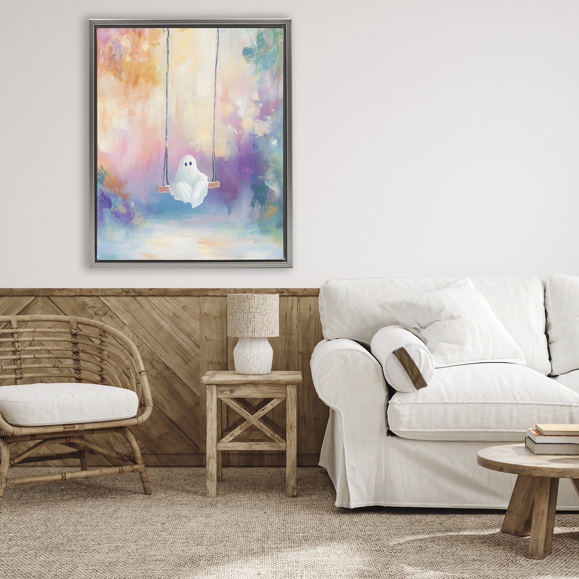 Stupell Industries Watercolor Ghost on Swing Gray Framed Floater Canvas Wall Art, design by The Prints Vibe