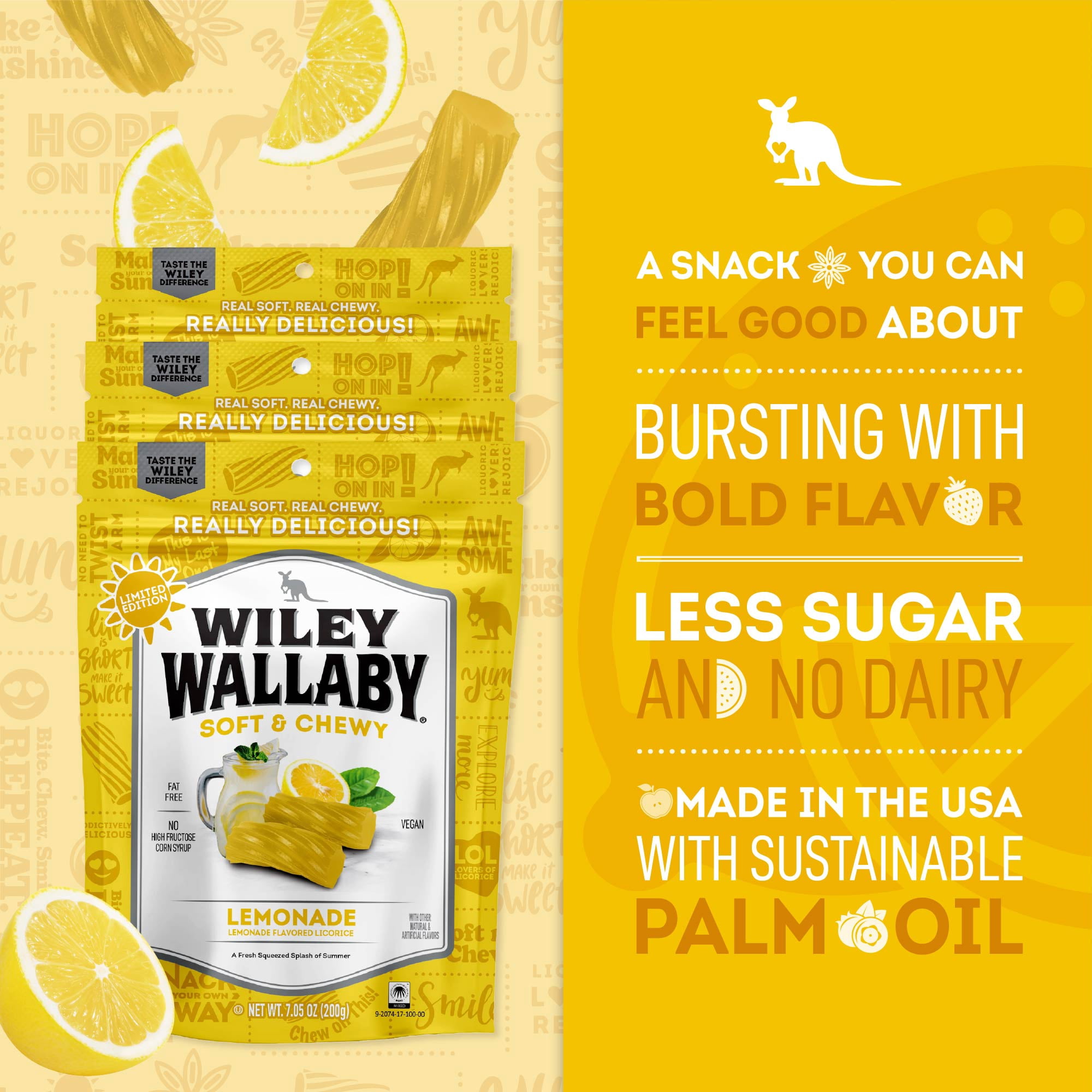 Wiley Wallaby Licorice 7.05 Ounce Classic Gourmet Soft & Chewy Australian Lemonade Licorice Candy Twists, 3 Pack