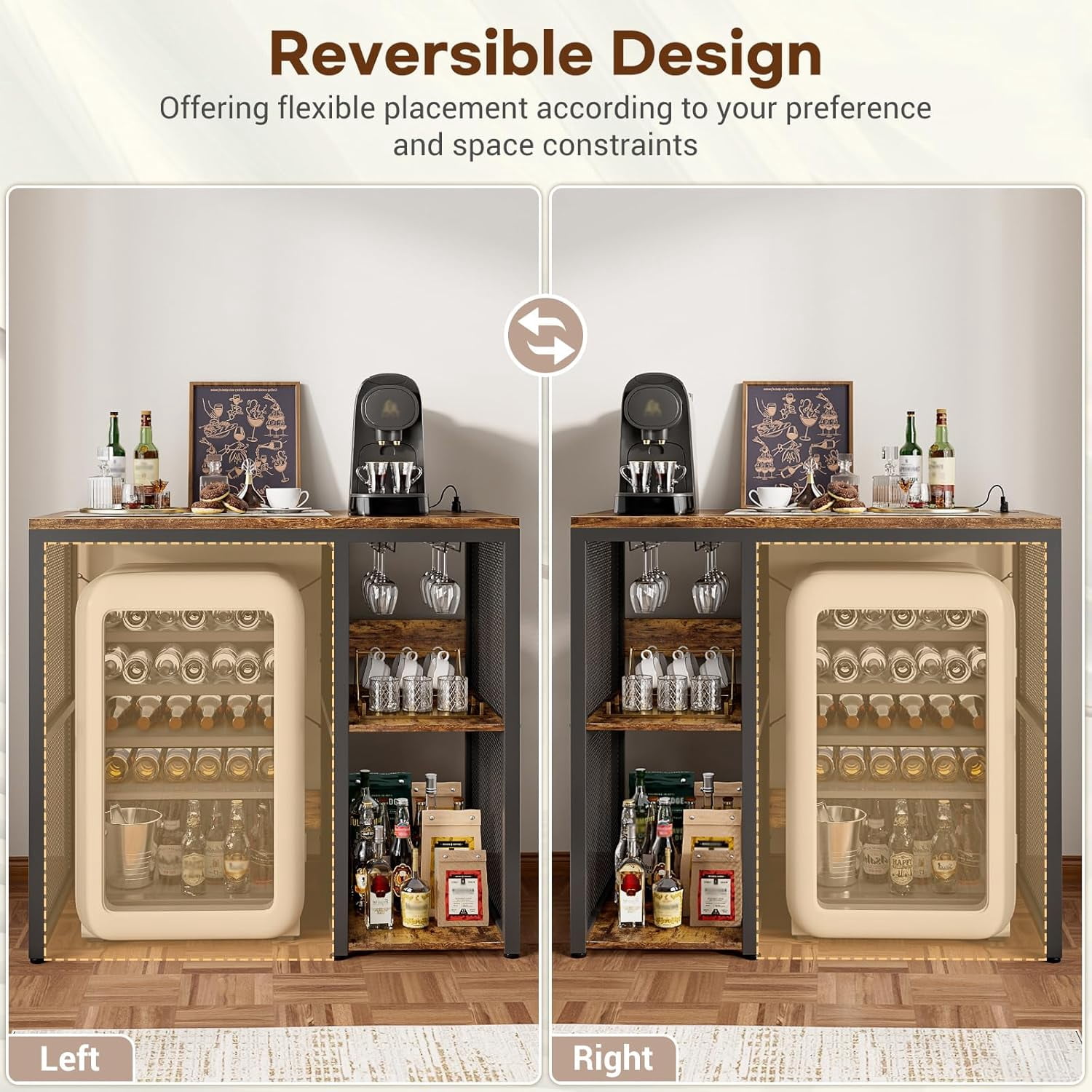 iSunirm Mini Fridge Stand with Storage Shelves, Kitchen Bakers Rack Microwave Stand with Charging Station & Glass Holder for Dining, Kitchen, Living Room, Rustic Brown