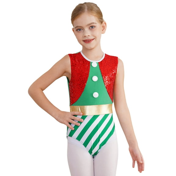 Haitryli Girls Christmas Santa Elf Dress Up Sleeveless Sequined Gymnastics Ballet Dance Leotards Unitard Green 10