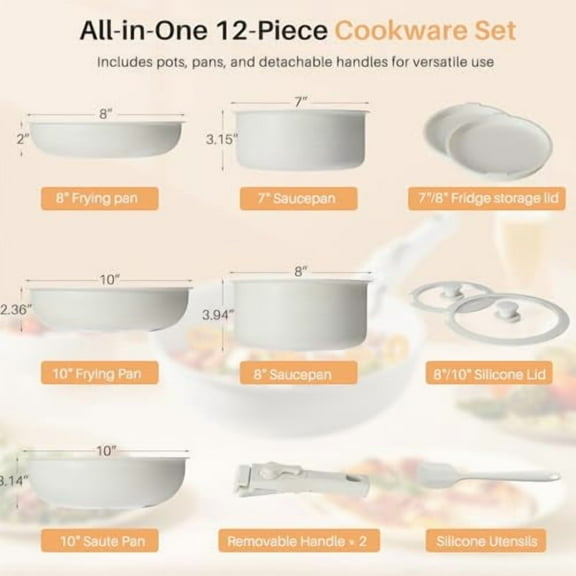 12 PCS Pots and Pans Set Non Stick, Kitchen Induction Cookware, Oven-Safe, Stackable RV Cookware with Detachable Handle