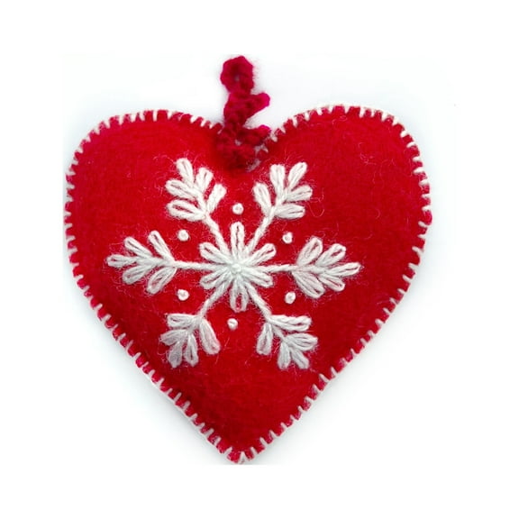 Classic Red Heart Ornament, Embroidered Wool Fair Trade Christmas Decor Handmade in Peru