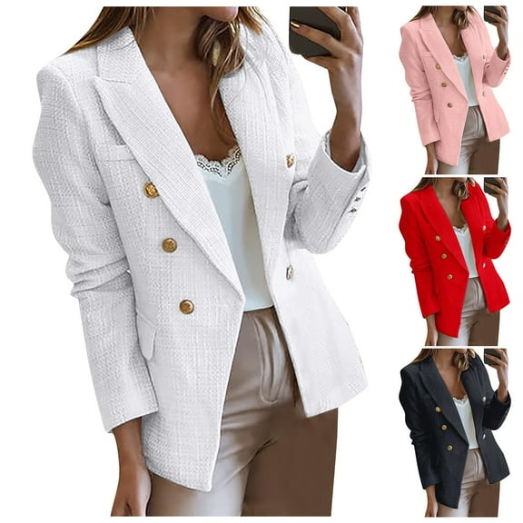 Gyexs Tweed Blazers for Women Plus Size Casual Long Sleeve Double Open Front Blazer Jackets Work Tops, Black, Size S