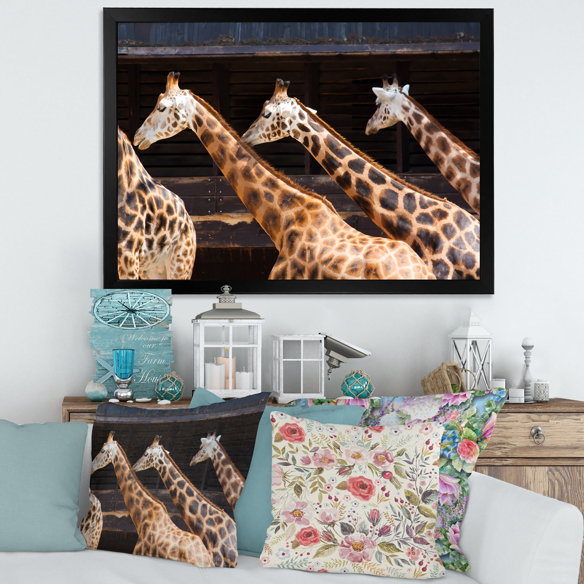 Designart 'Portrait Of Three Giraffes Running' Farmhouse Framed Art Print