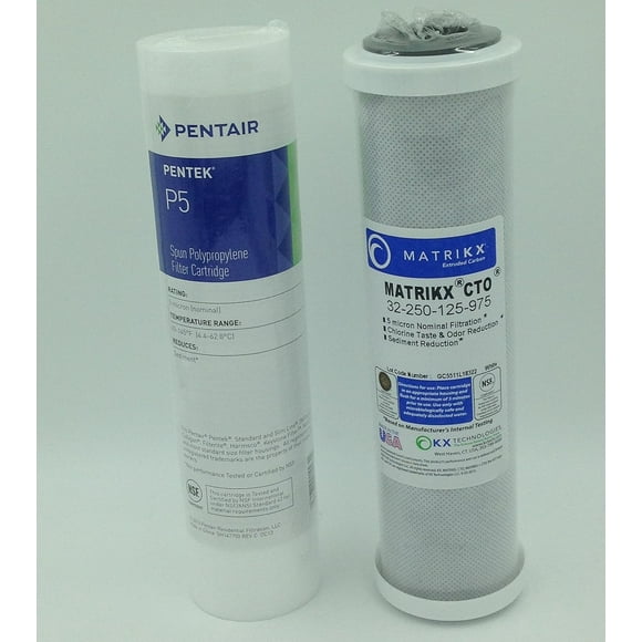 Water Filter Cartridge Replacement Set includes KX MATRIKX CTO 10-Inch Carbon Block Filter Cartridge and Pentek P5 5 Micron Sediment Cartridge