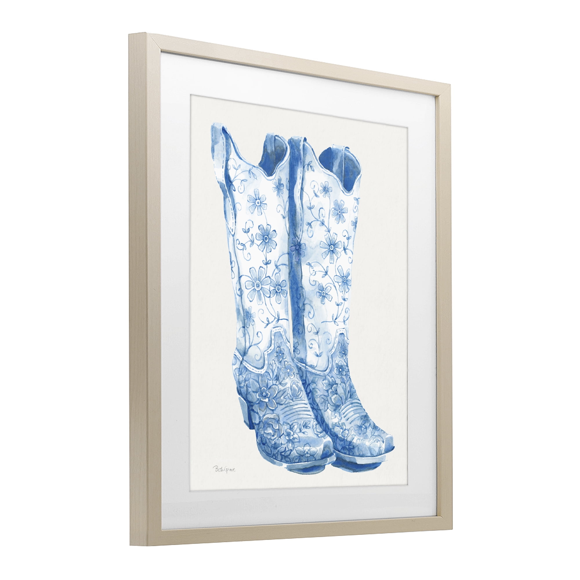 Stupell Industries Blue Boots with Floral Embroidery Birch Framed Print Under Glass, design by Beth Grove