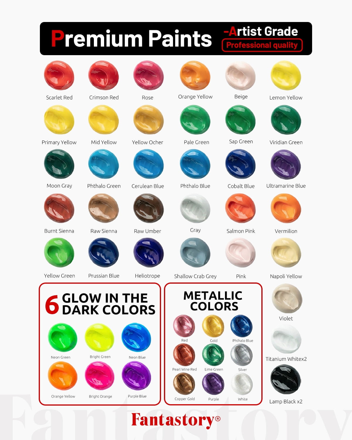 Fantastory 65-Pack Acrylic Paint Set, 50 Colors (2 oz/Bottle), Includes 12 Art Brushes and Palette for Artists