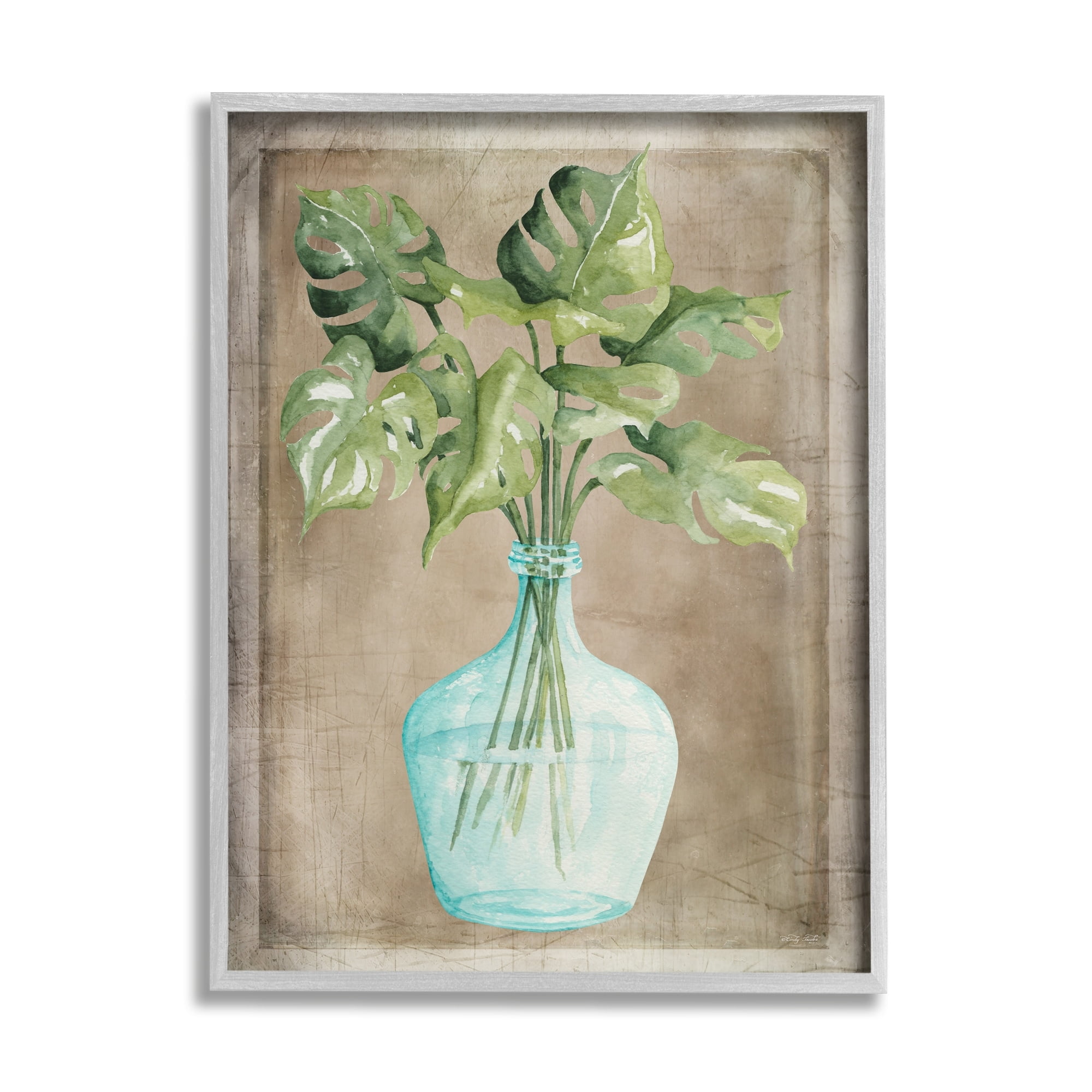 Stupell Industries Monstera Leaves Glass Vase Potted House Plant Painting Gray Framed Art Print Wall Art, Design by Cindy Jacobs