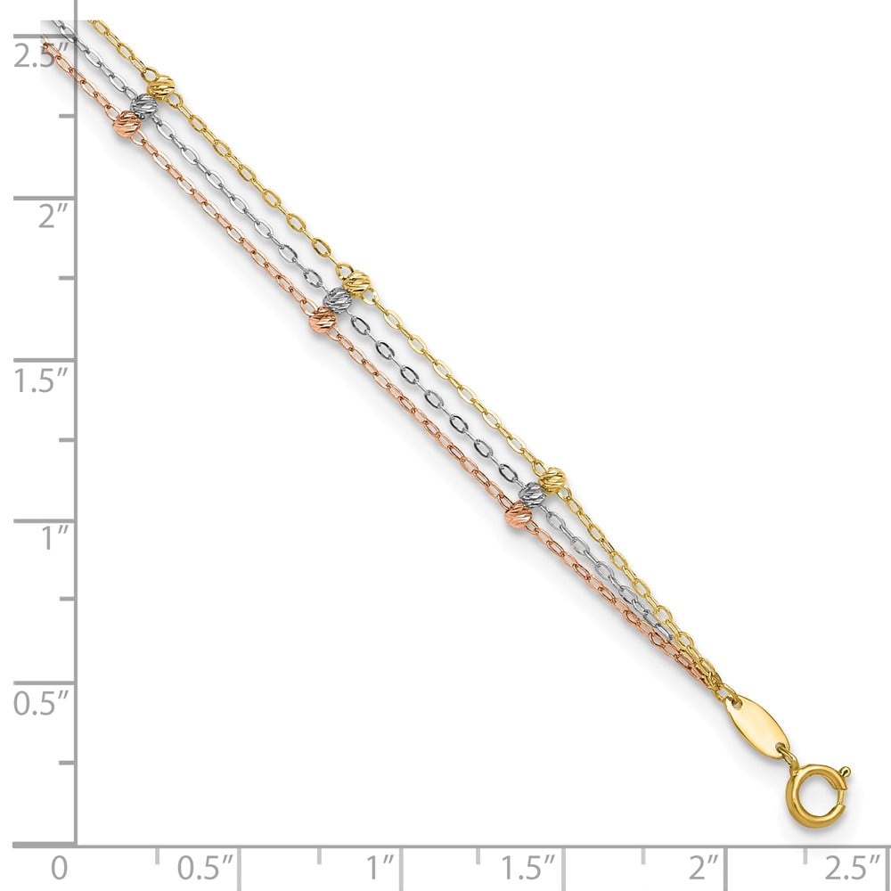 Primal Gold 14 Karat Tri-color 3-Strand Diamond-cut Beaded 9-inch Plus 1-inch Extension Anklet