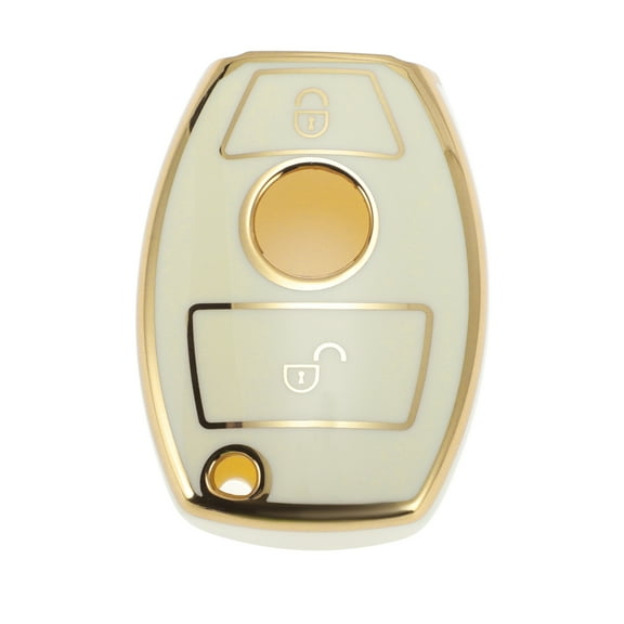 Unique Bargains White with Gold Tone Edge TPU Silicone Car Key Case for Mercedes-Benz A/B/C/E/G/M/R/S/V/W Class CL/CLA/CLK/CLS-2 Buttons Remote Control Key Fob Case