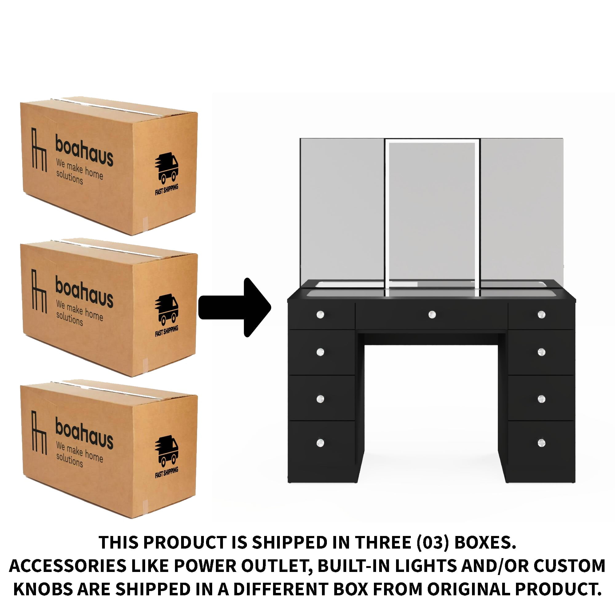 Boahaus Noah Vanity Desk with Tri-Fold Mirror, Glass Top, LED Add-On Lights, and 9 Drawers