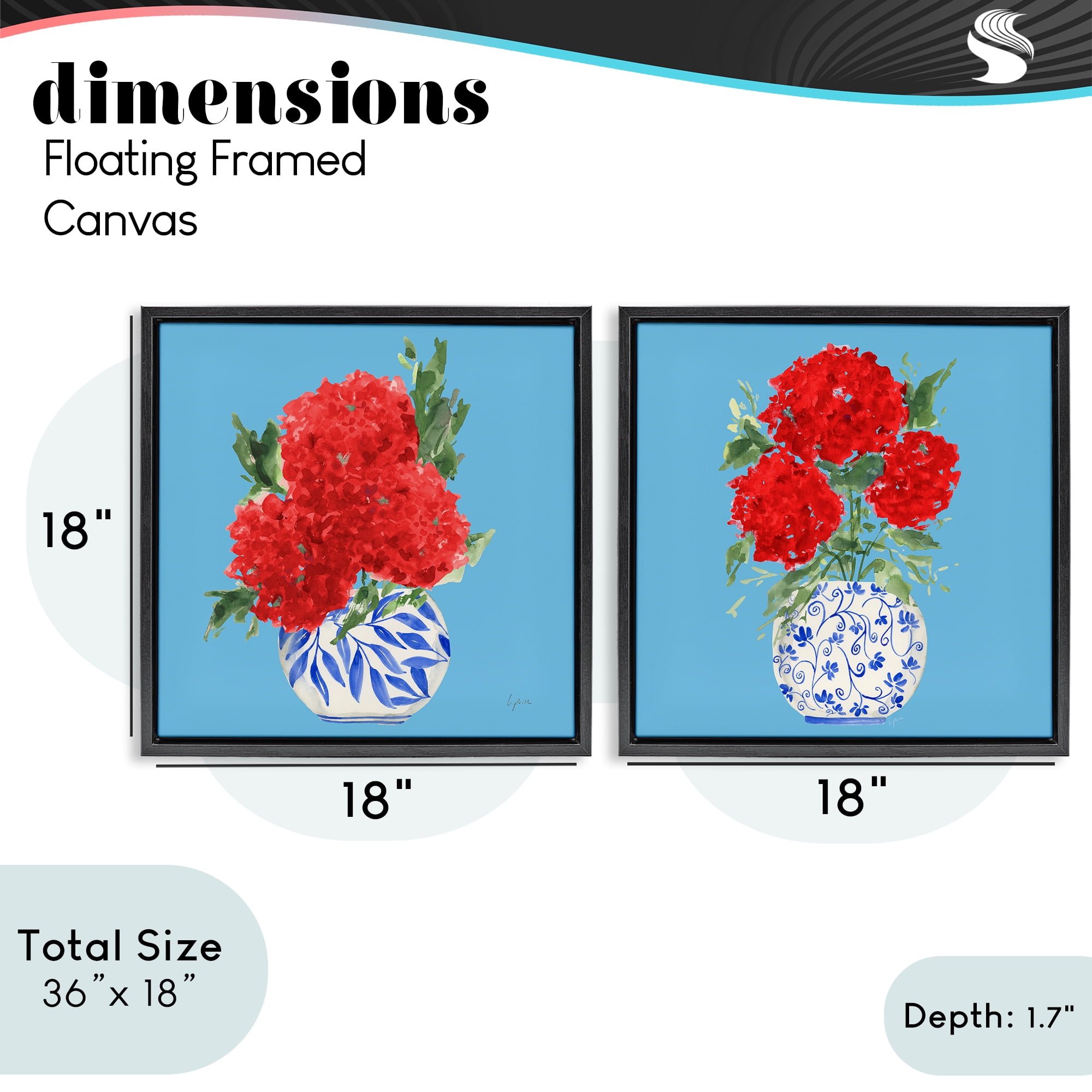 Stupell Industries Bright Red & Blue Hydrangeas 2 Piece Black Framed Floater Canvas Set, design by Lucille Price