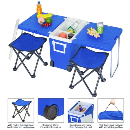 Beach Cooler, 2019 Upgraded Rolling Cooler with Foldable Picnic Table and 2 Portable Fishing Chair, 30-Quart Wheeled Cooler for Camping, BBQs, Tailgating & Outdoor Activities, Blue,