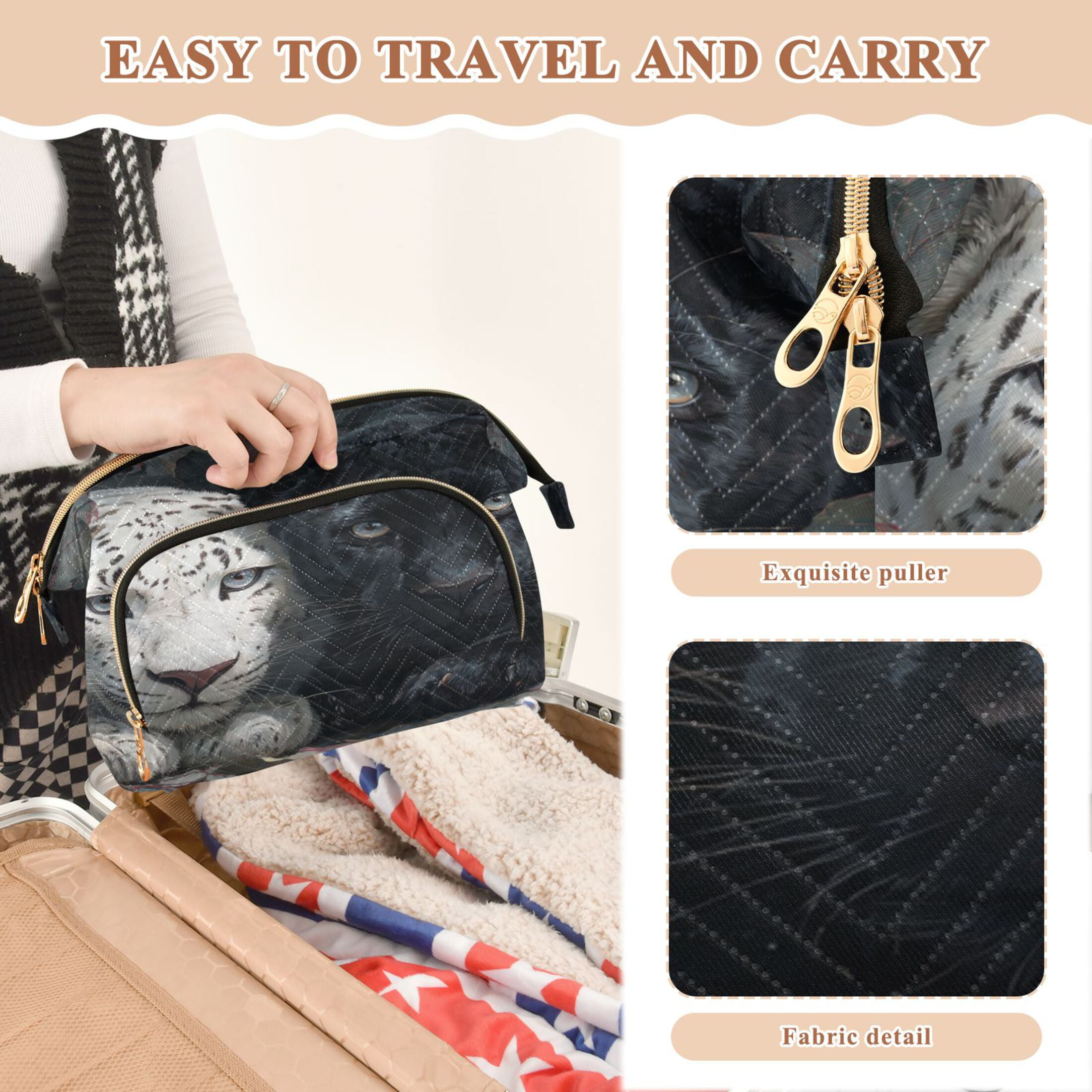 Wavy Quilted Cosmetic Bag Large-Capacity Travel Toiletry Organizer Includes 9-Piece Portable Travel Bottle Set White Leopard Black Panther