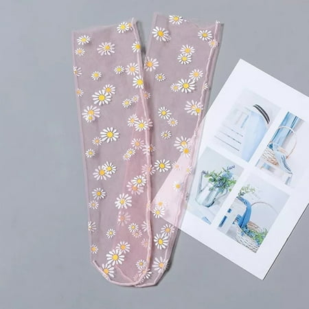 

HESITONE Korean Women Transparent Mesh Loose Ankle Socks Sweet Daisy Sunflower Print Candy Color See Through Tulle Harajuku Mid Tube Hosiery