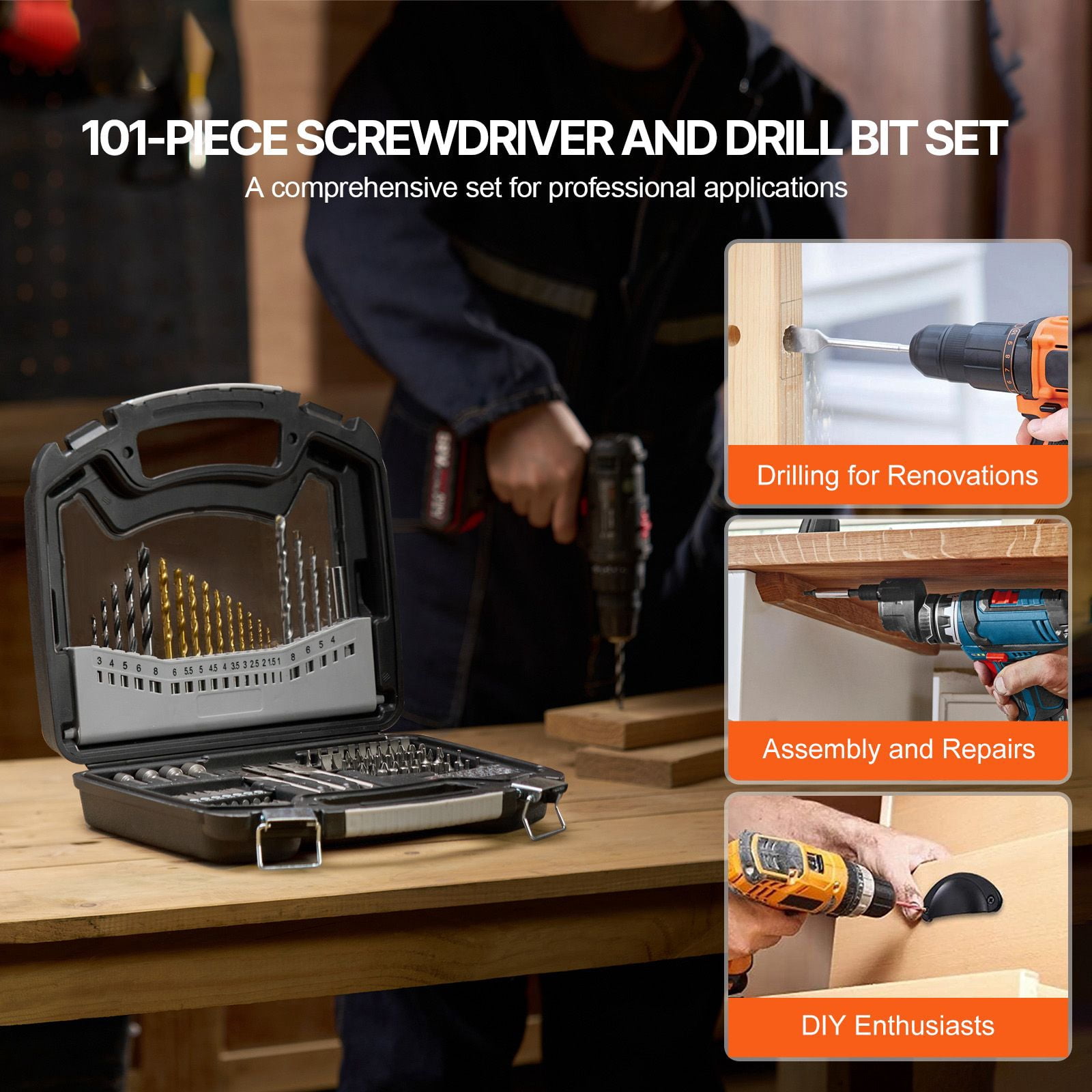 101-Piece Drill and Driver Bit Set HSS/Carbon Steel CR-V Bits Organized Storage Case Countersink Drill for Metal Wood Masonry