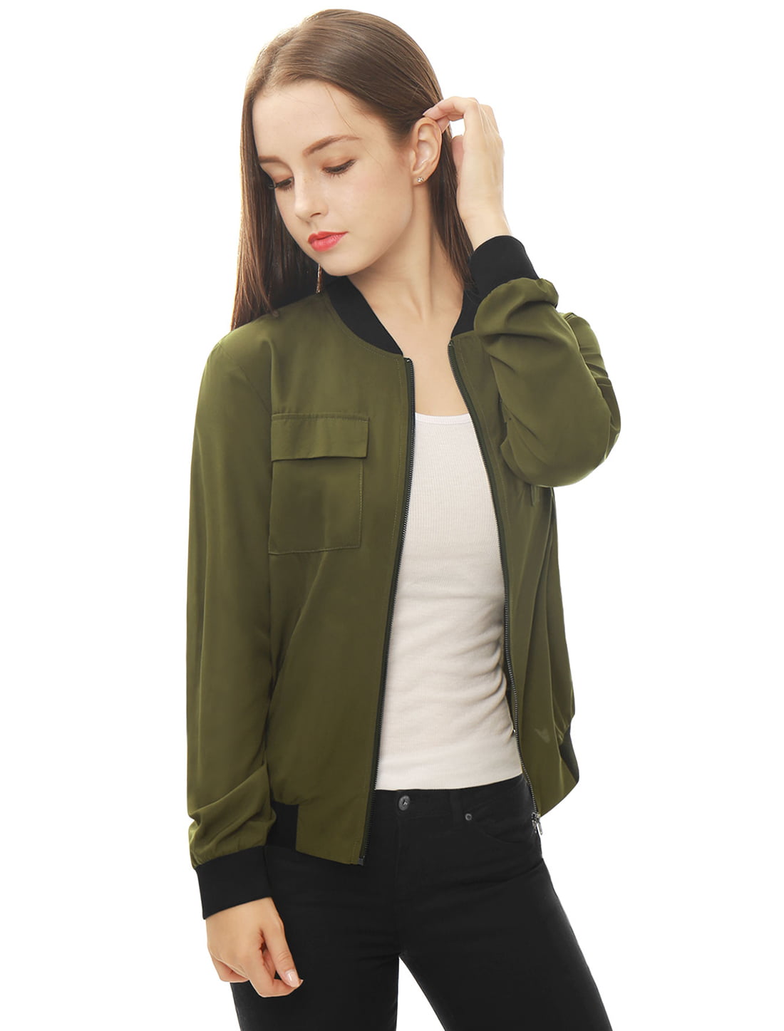 New Women Casual Zip Up Satin Long Sleeve Solid Classic Bomber Jacket H1PS