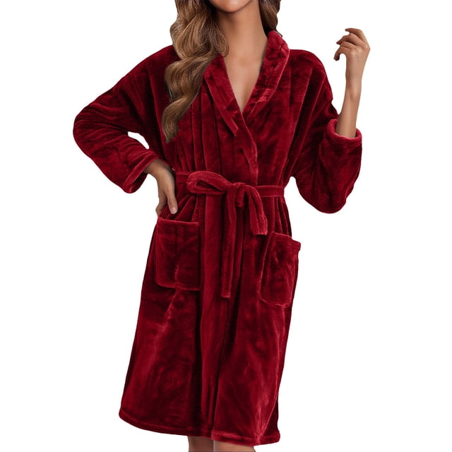 ManxiVoo Plush Fleece Long Robe Shawl Collar Cozy Warm Bathrobe Spa Relaxation House Coat XL Size Wine
