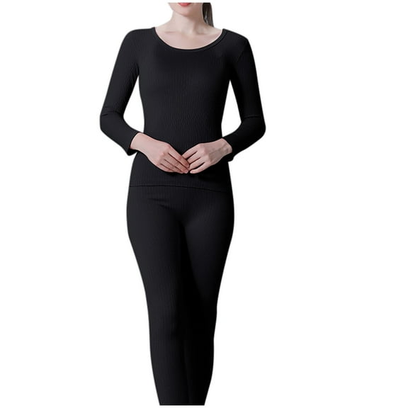 Xfvqtps Thermal Underwear for Women Pullover Solid Color Stripe Long Sleeve Round Neck Fitting Stretch Cozy Soft Comfortable Warm Fall Winter Top and Long Pants Pajama Set Black