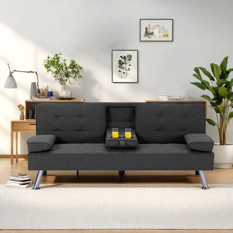 Gewnee Modern Futon Sleeper Sofa Bed Convertible Folding Recliner Couch Furniture with 2 Cup Holders for Livin g Room