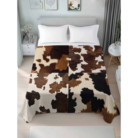 Cow Patterned Twim XL Size Flat Sheet, Wrinkleproof & Fadeproof Cooling Flat Bed Sheet Only, Vintage Farmhouse Abstract Country Western Breathable Soft Bedding Top Sheets 66 x 102 Inches
