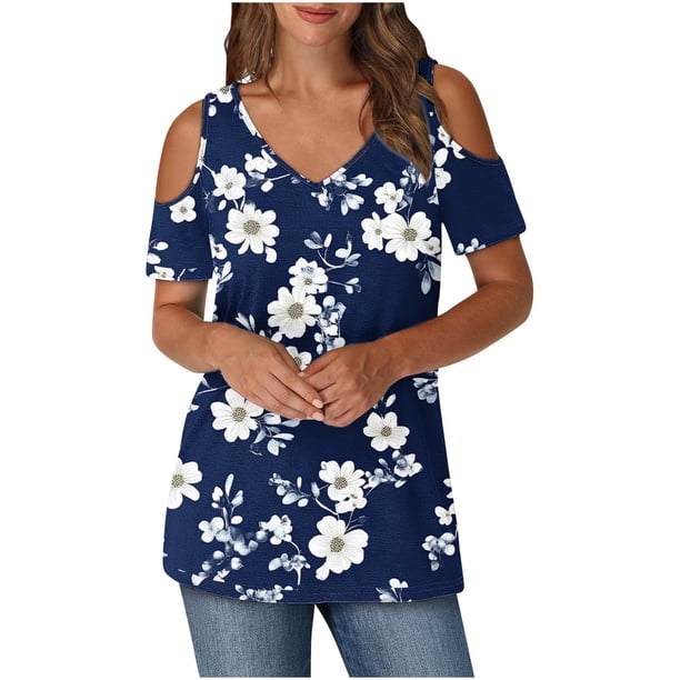 Tops de Algodón para las Mujeres Impresión de Manga Corta Cuello en V Fuera Del Hombro Blusa de Moda, Imitación de Algodón para el Hogar Diario