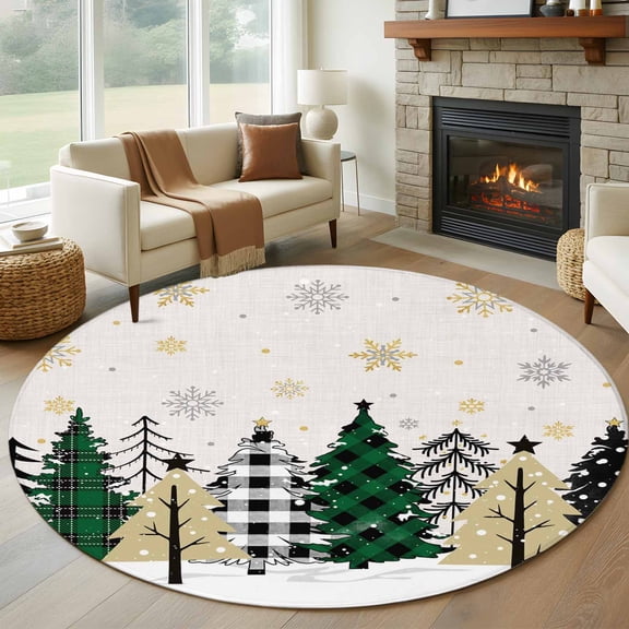 Christmas Tree Round Area Rug 5 FT, Non Slip Bedroom Area Rug, Green Beige Black Xmas Tree Winter Snowflake Washable Soft Circular Carpet Floor Mat for Kitchen Dining Room Foyer Balcony Dorm