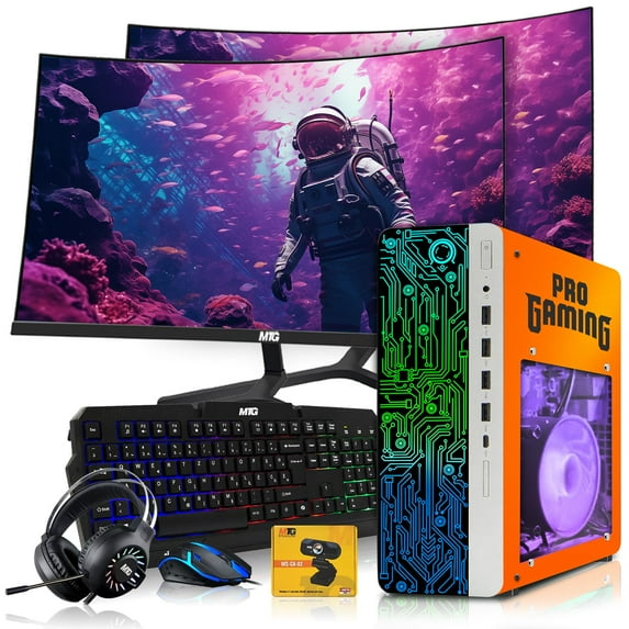 Restored HP Gaming PC Desktop Computer Phoenix AMD A10-9700, GT 1030, 16GB RAM, 512GB SSD, Dual 32 Inch Curved Monitor, RGB KBM with AI Copilot, WiFi, RGB Headphone, Webcam, Windows 11