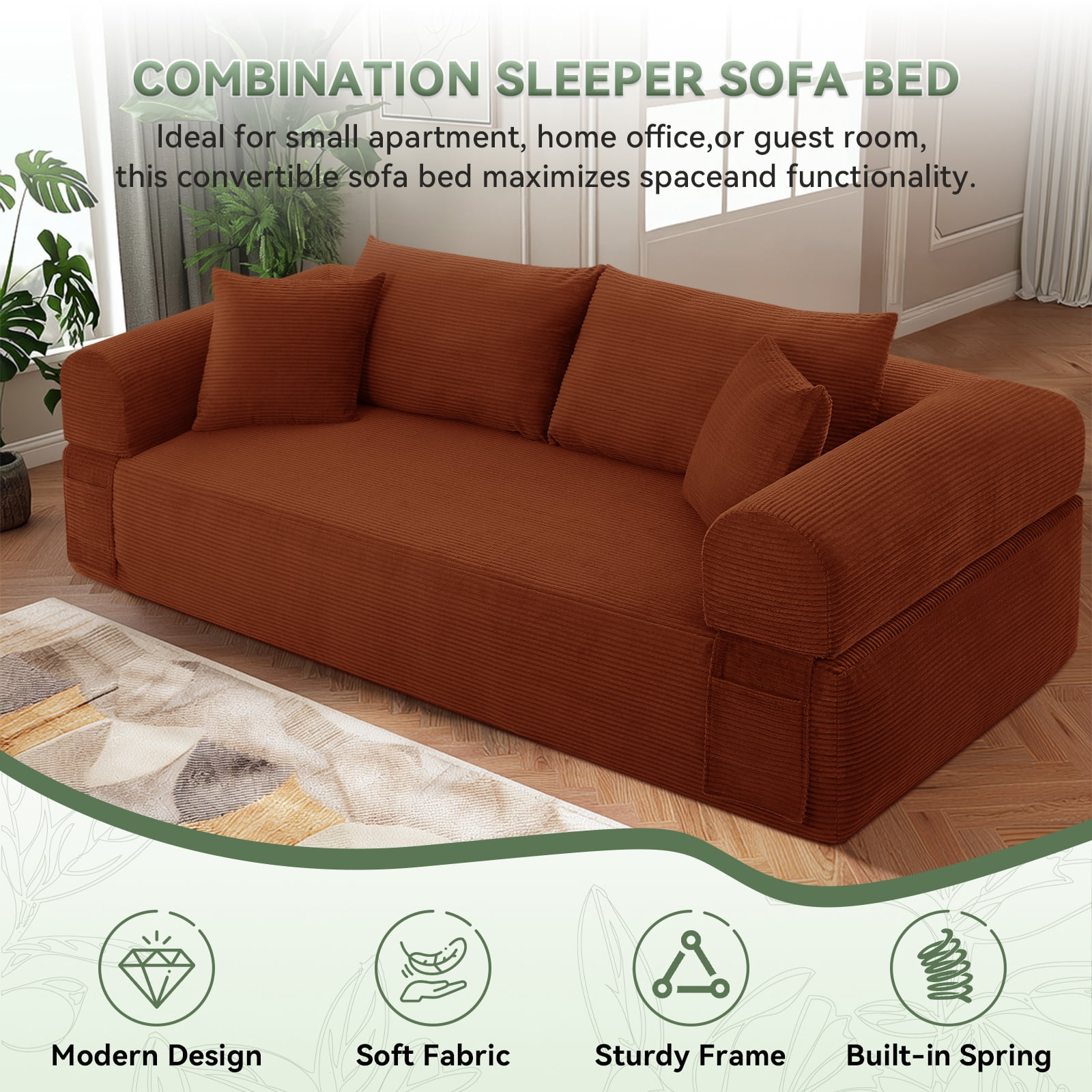 83" Seater Sofa Bed Couch with 4 Furry Pillows & Corduroy Fabric, No Assembly Sofa in a Box, Boneless Couch with Side Storage Pockets for Living Room, Bedroom, Office