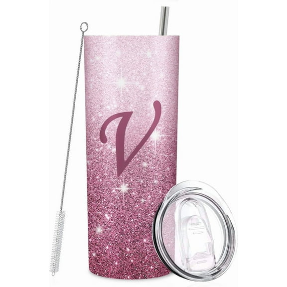 Initial V Tumbler Cup, Monogrammed Gift for Women, Personalized 20oz Tumbler With Lid and Straw, for Girls, Mom, Teacher - Birthday, Wedding, Graduation, V-Pink