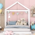 thumbnail image 2 of Euroco Wood Full Size House Bed with Roof, Floor Platform Bed with Guardrails for Bedroom, White, 2 of 8