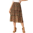 thumbnail image 1 of Unique Bargains Junior's Floral Fall High Waist Ruffle Hem Tiered Midi Skirt Red 15, 1 of 6