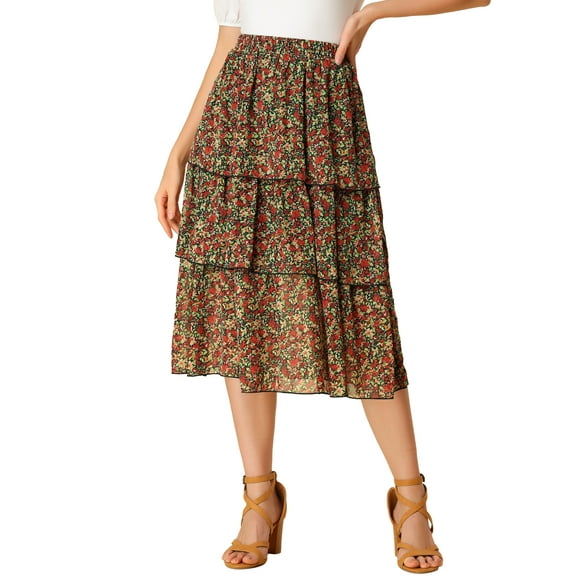 INSPIRE CHIC Women's Floral Fall High Waist Ruffle Hem Tiered Midi Skirt XL Red
