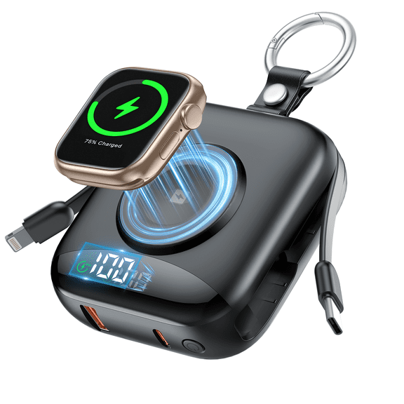 10000mAh Portable Charger, Power Bank with Built-in Usb-c/Usb-a Cables, 22.5W Fast Charging, Apple Watch Magnetic Wireless Charger, LED Display, Compact Travel Battery Pack for iPhone Samsung, Black