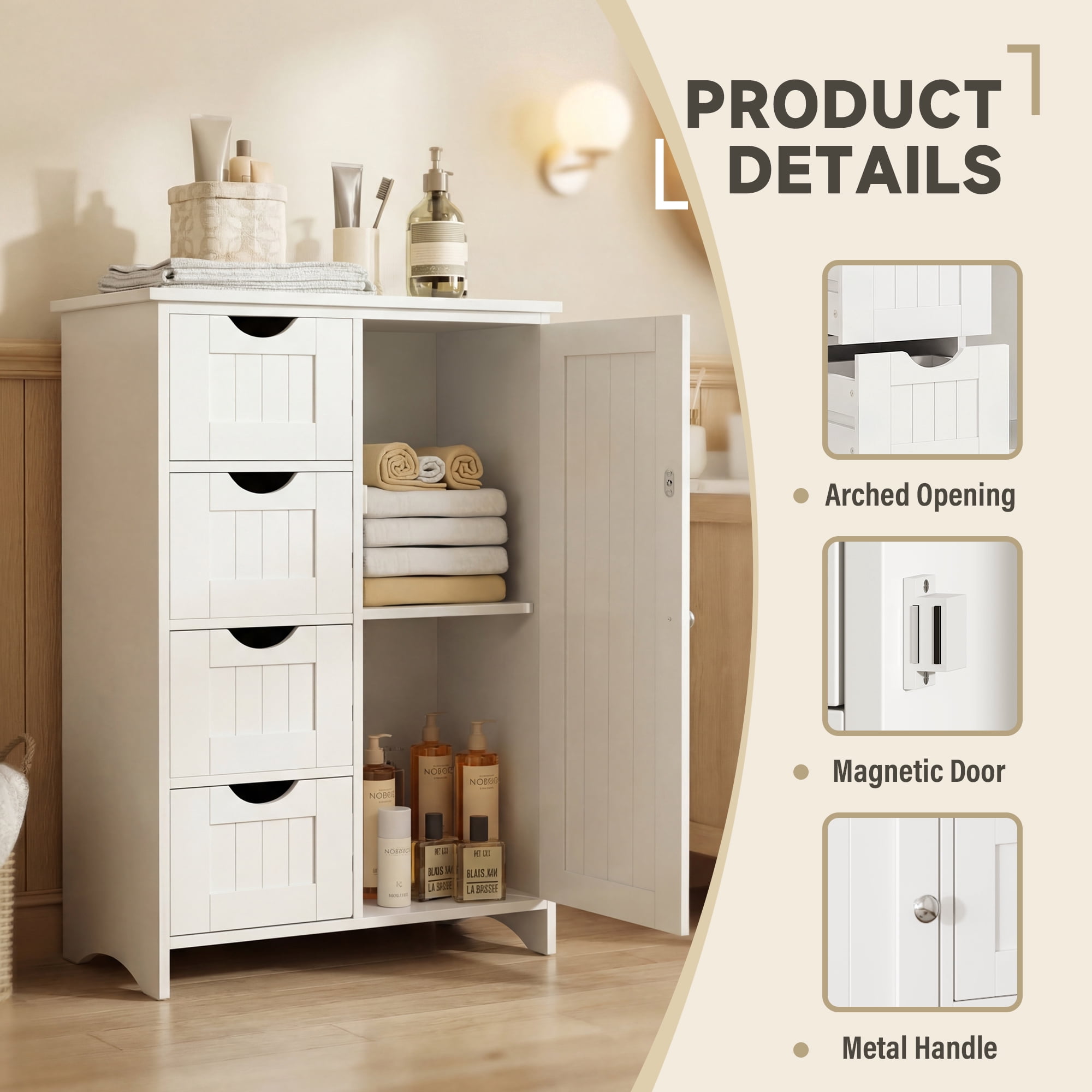 Furmax Wooden Bathroom Floor Cabinet with 4 Drawers, 1 Adjustable Shelf & 1 Cupboard，Side Storage Organizer Storage Cabinet for Bathroom, Entryway, White