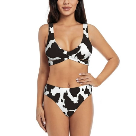 Zeuib Cow Skin 2 High Waisted Tummy Control Bikini Set - Knot Front Push Up Top & Cheeky Thong Bottom  Two-Piece Swimsuit for Women-Large