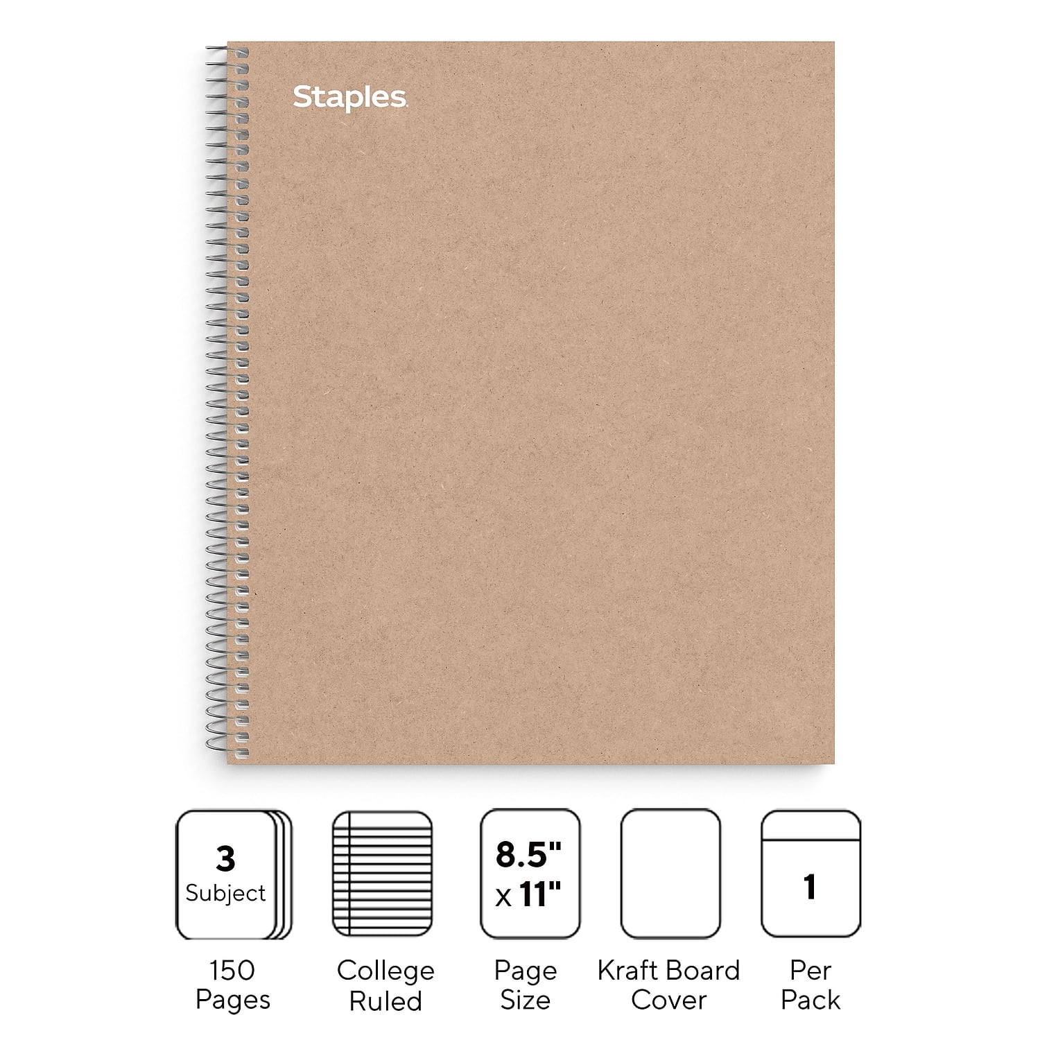 Staples Premium 3-Subject Notebook 8.5" x 11" College Ruled 150 Sheets Brown 3/Pack ST52123NVS