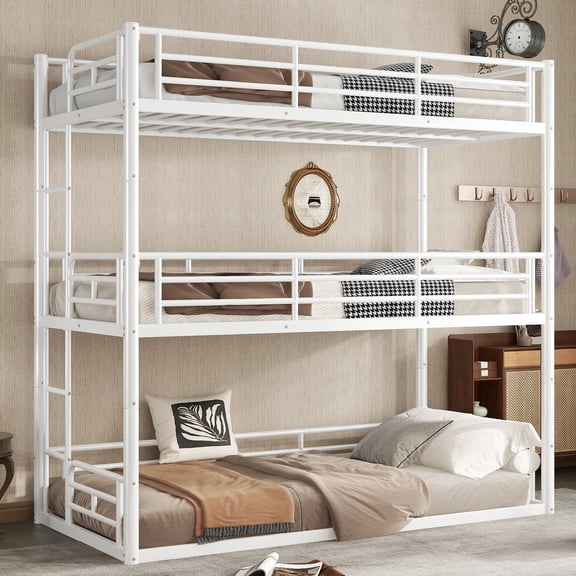 QJTC Twin over Twin over Twin Triple Bunk Bed, Heavy Duty Metal Bunk beds with Built-in Ladder and Safety Guardrail for Teens and Adults